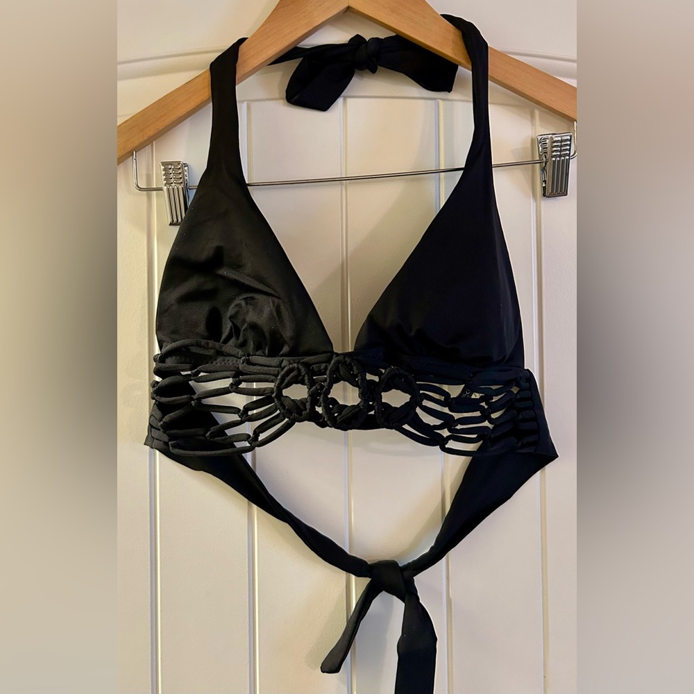 Black Halter Bikini Top with Crochet Detail.  Size Small.